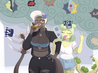 5_fingers abstract_background anthro areola areola_slip big_breasts black_bottomwear black_clothing black_jacket black_pants black_topwear blue_bra blue_clothing blue_underwear bottomwear bra breasts burger choker claws clothing cosplay crossover_cosplay denim denim_bottomwear denim_clothing denim_shorts double_bun duo eating eating_food eyelashes eyes_closed female finger_claws fingers fishnet_clothing fishnet_topwear food green_hair grey_body grey_scales hair hair_bun hand_on_hip hand_on_own_hip jacket jewelry leather leather_clothing leather_jacket leather_topwear long_hair long_tail necklace nipple_outline pants paper_crown purple_eyes scales sharp_teeth shorts spiked_tail spikes spikes_(anatomy) tail teeth thick_thighs topwear torn_bottomwear torn_clothing torn_pants underwear white_hair yellow_body yellow_scales sincabeza cavemanon_studios goodbye_volcano_high ko_op_(game_developer) naruto snoot_game fan_character kakashi_hatake naruto_uzumaki sasuke_uchiha stella_(gvh_beta) vee_(veedway) dinosaur ornithischian prehistoric_species reptile saurischian scalie stegosaurian stegosaurus theropod thyreophoran troodon troodontid 2025 4:3 absurd_res crossover digital_drawing_(artwork) digital_media_(artwork) hi_res