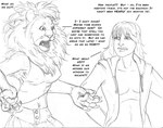 anthro clothed clothing dialogue duo female fur hair hoodie male midriff navel nipple_outline open_clothing open_mouth open_shirt open_topwear shirt text topwear whiskers arania the_cabin_in_the_woods_(arania) amanda_(tcitw) jack_(tcitw) armadillo_girdled_lizard felid girdled_lizard lion lizard mammal pantherine reptile scalie comic english_text hi_res monochrome