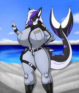 anthro big_breasts black_body breasts clothed clothing female hair huge_breasts hyper hyper_breasts long_hair purple_body purple_hair shark_tail solo tail water white_body white_hair katerian sally_(katerian) aquatic fish shark hi_res