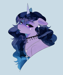 alternative_fashion anthro choker christian_cross christian_symbol cross ear_piercing eyebrow_piercing eyebrows eyeshadow facial_piercing female goth horn jewelry lipstick makeup necklace piercing purple_eyes religion religious_symbol solo aztrial christianity hasbro mlp_g5 my_little_pony mythology goth_izzy_(mlp) izzy_moonbow_(mlp) equid equine mammal mythological_creature mythological_equine unicorn hi_res