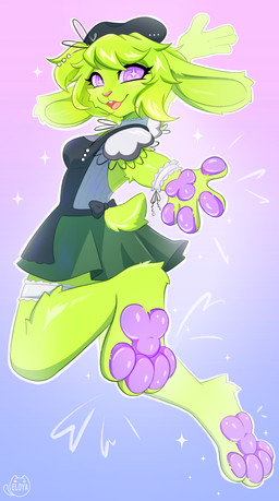 4_fingers 4_toes anthro bangs blush blush_lines bottomwear breasts buckteeth cheek_tuft clothing eyelashes facial_tuft feet female fingers fur green_body green_bottomwear green_clothing green_fur green_hair green_skirt hair hat headgear headwear looking_at_viewer looking_back looking_back_at_viewer open_mouth open_smile pawpads purple_eyes purple_pawpads short_hair skirt small_breasts smile solo tail teeth toes topwear tuft eloya_art lagomorph leporid mammal rabbit absurd_res colored digital_drawing_(artwork) digital_media_(artwork) full-length_portrait hi_res portrait shaded