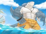 abs anthro biceps big_muscles bottomwear bracelet claws clothing cloud detailed_background fin fin_piercing furgonomics furry-specific_piercing jewelry male muscular muscular_anthro muscular_male necklace pecs piercing red_eyes shorts sky solo water white_body white_skin yellow_bottomwear yellow_clothing yellow_shorts cinna-tree fish marine shark hi_res