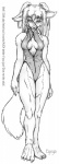 anthro bare_shoulders barefoot biped breasts cleavage clothed clothing ear_tuft feet female fur half-closed_eyes looking_at_viewer narrowed_eyes one-piece_swimsuit pigtails solo standing swimwear tail tuft unzipped_swimwear zipper zipper_down zipper_swimsuit zipper_swimwear eyeya canid canine canis domestic_dog mammal line_art monochrome