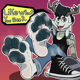 4_toes anthro bodily_fluids dialogue digit_ring feet foot_fetish foot_focus jewelry looking_at_viewer male male_anthro pawpads paws ring soles solo speech_bubble steam sweat sweaty_feet talking_to_viewer text toe_ring toes sodatusk 1:1 english_text hi_res