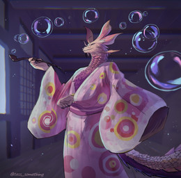 anthro asian_clothing biped blue_eyes bubble_pipe claws clothing east_asian_clothing finger_claws fur hallway holding_pipe japanese_clothing kimono looking_at_viewer male pattern_clothing pink_clothing pink_kimono purple_body purple_fur scales solo white_body white_scales tess_something capcom monster_hunter leviathan_(mh) mizutsune 2021 absurd_res digital_media_(artwork) hi_res