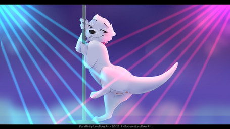 anthro anus black_bars collar female fur genitals pole presenting solo standing stripper_pole vulva white_body white_fur letodoesart pebble_(letodoesart) mammal mustelid otter 2019 hi_res letterbox andromorph_(lore)