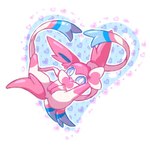 ambiguous_gender blue_eyes bow_(anatomy) featureless_crotch feral fur heart_background heart_symbol looking_at_viewer open_mouth paws pink_body pink_fur ribbons_(anatomy) simple_background solo spread_legs spreading star star_symbol tail white_body astella1204 nintendo pokemon eeveelution generation_6_pokemon pokemon_(species) sylveon 1:1 2025 signature