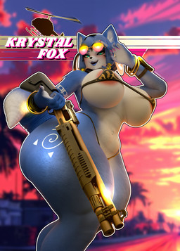 5_fingers aircraft anthro big_breasts big_butt bikini blue_body blue_eyes blue_fur blue_lipstick bracelet breasts butt clothing curvy_figure eyewear female fingers fur gun helicopter holding_gun holding_object holding_ranged_weapon holding_shotgun holding_weapon huge_breasts huge_butt jewelry lipstick makeup multicolored_body multicolored_fur open_mouth open_smile outside ranged_weapon shotgun smile solo standing sunglasses sunset swimwear tail text thick_thighs two-piece_swimsuit vehicle voluptuous voluptuous_anthro voluptuous_female weapon white_body white_fur wide_hips mechanicalstage dogzeela_(modeler) nintendo star_fox krystal_(star_fox) canid canine fox mammal 3d_(artwork) absurd_res digital_media_(artwork) english_text hi_res