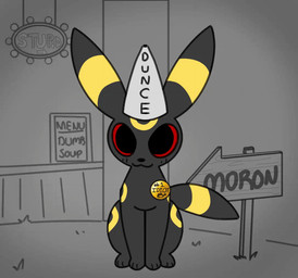 ambiguous_feral ambiguous_gender clothing digitigrade dunce_cap feral fur grey_body grey_fur hat headgear headwear humor looking_at_viewer paws quadruped red_eyes solo tail tail_motion tailwag yellow_body lesuperiornut nintendo pokemon eeveelution generation_2_pokemon pokemon_(species) umbreon 2026 animated digital_drawing_(artwork) digital_media_(artwork) loop reaction_image