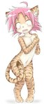 ahoge alternate_species anthro brown_body brown_fur embarrassed female flat_chested fur furrification hair kemono knock-kneed loli navel nude pink_hair simple_background solo standing stripes whiskers white_background young young_anthro mcsadat lucky_star akira_kogami domestic_cat felid feline felis mammal