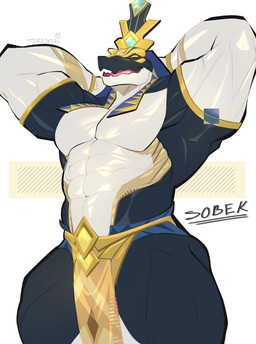abs anthro blue_body blue_eyes clothing egyptian egyptian_clothing egyptian_headdress flexing male multicolored_body muscular muscular_anthro muscular_male pecs smile solo standing text white_body tukeso1 genshin_impact mihoyo sobek_(genshin_impact) crocodile crocodilian reptile scalie 2026 character_name dated hi_res signature