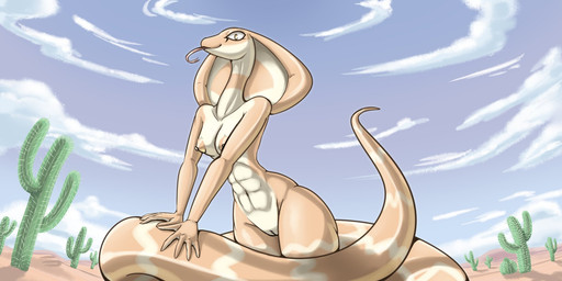 anthro apode athletic athletic_anthro athletic_female breasts cactus cloud day desert detailed_background female genitals legless looking_at_viewer nipples non-mammal_breasts non-mammal_nipples nude outdoor_nudity outside plant serpentine sky solo sun vulva latiar mina_(flying_afro) cobra draconcopode naga reptile scalie snake 2021 2:1 digital_media_(artwork) hi_res