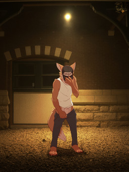 animal_genitalia anthro baseball_cap blue_bottomwear blue_clothing blue_jeans blue_pants bottomwear bottomwear_down brick_wall cheek_tuft claws clothed clothing countershading denim denim_bottomwear denim_clothing dipstick_tail door exhibitionism facial_tuft feet front_view fur genitals gravel hand_on_hat hand_on_pants hat headgear headwear jeans light logo male markings night obscured_face orange_body orange_fur pants pants_down partially_clothed photo_background sheath sleeveless_shirt slim_male solo standing tail tail_markings tan_body tan_fur text toeless_(marking) tuft wall_(structure) weeds white_sleeveless_shirt ventkazemaru canid mammal 2025 artist_logo artist_name dated full-length_portrait hi_res photography_(artwork) portrait