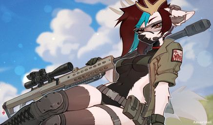 anthro antlers barrett_.50cal barrett_m82 biped bra breasts clothed clothed_anthro clothed_female clothing cloud countershade_torso countershading day eyewear female fingers front_view fur gloves goggles gun hair handwear horn navel outside panties piercing ranged_weapon sitting sky solo teeth underwear weapon amarihel barrett deer mammal 2026 digital_drawing_(artwork) digital_media_(artwork) hi_res