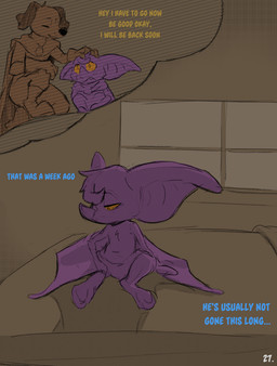ambiguous_gender anthro bed big_ears blue_text cloak clothed clothing comic_panel dialogue duo furniture purple_body sad sitting text wings yellow_eyes yellow_text conditional_dnp dacad tyler_(dacad) zipper_(dacad) bat canid canine mammal comic hi_res restricted_palette