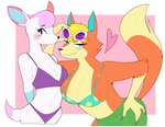 2021 absurd_res animal_crossing anthro audie_(animal_crossing) big_breasts bikini bikini_bottom bikini_top blonde_hair blue_body blue_eyes blue_fur blush blush_stickers border breasts canid canine canis claws clothing collarbone colored_nails curvy_figure deer diana_(animal_crossing) dot_eyes duo eyewear eyewear_on_head female fur hair hand_on_hip heart_symbol hi_res idolomantises looking_at_viewer mammal nails nintendo orange_body orange_fur pineapple_pattern pink_background pink_body pink_fur pink_hair pink_nails portrait sarong simple_background smile sunglasses sunglasses_on_head swimwear tan_body tan_fur three-quarter_portrait two-piece_swimsuit white_body white_border white_fur wolf