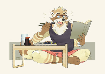 anthro blue_eyes book bottomwear brown_body brown_fur chopsticks clock clothing crossed_legs eating eyewear food fur glasses hair male neck_tuft open_mouth paws reading reading_book shirt shorts simple_background sitting solo stripes sushi tan_body tan_fur tank_top teeth text topwear tuft watch wearing_glasses white_background gato_iberico mammal procyonid raccoon 2025 artist_name digital_media_(artwork) hi_res signature