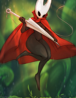 black_body breasts cape clothing female jumping melee_weapon red_cape red_clothing solo sword thick_thighs weapon mergremil hollow_knight:_silksong hollow_knight_(franchise) team_cherry hornet_(hollow_knight) arthropod humanoid 2025 hi_res
