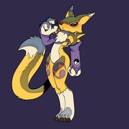 4_toes abstract_background ambiguous_gender anthro armwear clothing dark_sclera dramatic_lighting dramatic_pose elbow_gloves feet fingers fluffy fluffy_tail fur gloves handwear solo tail thick_thighs toes yellow_body yellow_fur turkojar bandai_namco digimon canid canine digimon_(species) fox mammal renamon 2026 digital_media_(artwork)