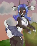 anthro antlers biped black_nose blue_hair blush bottomwear breasts butt clothed clothing female hair horn orange_eyes shirt skirt solo standing tail tail_under_skirt topwear celsty abby_(toaster98) deer mammal 2020 4:5 hi_res