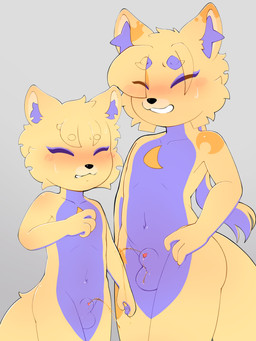 aged_down animal_genitalia anthro balls blush bodily_fluids duo embarrassed eyes_closed femboy fur genital_fluids genitals looking_at_viewer male male/male nude open_mouth peeing penis simple_background smile tail text urine urine_stream watersports yellow_body yellow_fur young young_anthro bluchyccheese bluchy canid canine fox mammal 3:4 hi_res