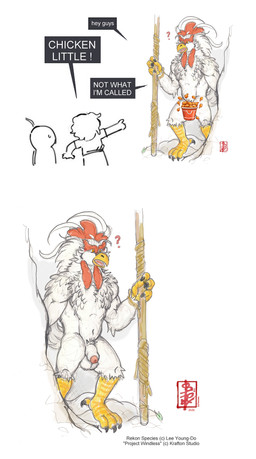 anthro balls digital_sketch genitals group male non-mammal_balls non-mammal_foreskin rekon text trio fennec_(artist) project_windless avian bird chicken galliform phasianid rekon_(project_windless) english_text hi_res meme