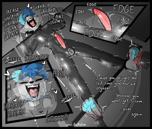 anthro bdsm black_latex bodily_fluids bound chastity_bulge chastity_device crying_laughing edging feet fully_bound genital_fluids genitals humanoid_genitalia humanoid_penis latex laugh leaking_precum lock_bulge lock_symbol male male_anthro null_bulge orgasm_denial penis permanent_chastity_device permanent_orgasm_denial precum slim_anthro slim_male solo spread_eagle submissive submissive_anthro submissive_male tears text tickle_torture tickling tickling_feet wearing_chastity_device zoul_illustration zoul canid canine canis mammal wolf english_text hi_res