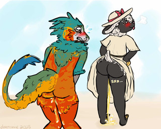 ambiguous_gender anthro black_body blue_body blue_feathers blush bodily_fluids butt clothed clothing clothing_lift dress dress_lift duo feathered_crest feathered_tail feathers fur genital_fluids genitals green_body green_feathers hand_on_hip hat head_crest headgear headwear intersex intersex/male male nude omorashi peeing red_body red_bow red_feathers simple_background sundress tail tongue tongue_out urine vulva watersports white_body white_fur yellow_body yellow_feathers wetdog alexian stella_(shapeshifter) dinosaur dromaeosaurid feathered_scalie prehistoric_species reptile saurischian scalie theropod velociraptor 5:4 hi_res