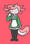 anthro blush clothing female gesture green_clothing hair hand_gesture japanese leaf legwear maid_uniform pink_body pink_hair pink_skin pink_tail pointing pointing_at_self red_background simple_background simple_eyes solo standing tail thigh_highs uniform smart_dolphin tiney_(smart_dolphin) amphibian axolotl marine mole_salamander salamander