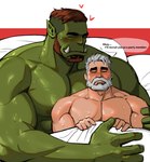 2022 2023 abs barbarian beard bed bed_covers bedding bedroom biceps blush comic comic_panel cuddling dialogue dopq duo english_text facial_hair fangs furniture green_body green_skin hair heart_symbol hi_res human humanoid larger_male male male/male mammal muscular muscular_human muscular_humanoid muscular_male nervous nipples nose_scar orc pecs pillow question_mark red_hair shaved_sides size_difference smaller_male speech_bubble teeth text vein veiny_muscles white_hair