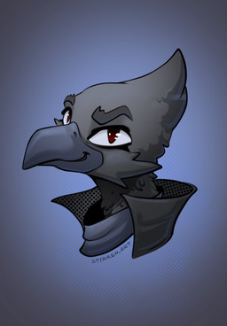 anthro black_body black_feathers eyebrows feathers gradient_background looking_at_viewer male pupils raised_eyebrow red_pupils simple_background smile solo stirren avian bird hi_res portrait