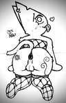 ambiguous_gender anthro anus butt clothing ear_piercing femboy fishnet_clothing fishnet_legwear gaping gaping_anus kneeling legwear looking_at_viewer looking_back looking_back_at_viewer male male/male male_gaping_anus piercing presenting presenting_anus presenting_hindquarters solo tail tattoo tongue tongue_out abbeyrolls femtanyl token_(femtanyl) felid mammal absurd_res graphite_(artwork) hi_res monochrome traditional_media_(artwork)