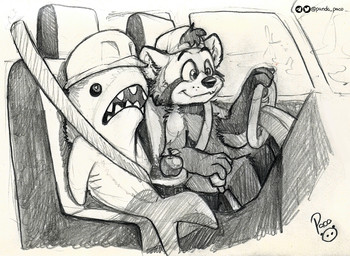 anthro arm_tuft car chest_tuft closed_smile driving duo glistening glistening_eyes glistening_nose inside_car inside_vehicle logo male mouth_closed nude shoulder_tuft sitting smile tuft vehicle young young_anthro young_male pandapaco ailurid aquatic fish mammal red_panda shark artist_logo monochrome signature sketch