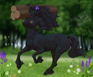 accessory areola big_breasts black_body black_fur black_hair breasts female flower flower_in_hair fur green_eyes hair hair_accessory hooves log nipples nude outside pink_nipples plant side_view solo tail wood araivis-edelveys equid equid_taur equine equine_taur horse horse_taur mammal mammal_taur same-species_taur taur 2021 6:5