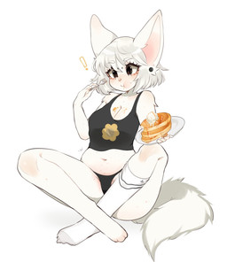 anthro black_clothing black_panties black_topwear black_underwear blush body_blush breasts cleavage clothed clothing crossed_legs cutlery dessert ear_piercing eating exclamation_point eyelashes female food food_on_breasts footwear fork fur hair holding_food holding_object ice_cream kitchen_utensils legwear navel one_sock pancake panties piercing simple_background sitting slightly_chubby socks solo syrup tools topwear underwear white_background white_body white_clothing white_footwear white_fur white_hair white_legwear white_socks fredek666 billy_(fredek666) domestic_cat felid feline felis mammal digital_media_(artwork) full-length_portrait hi_res portrait