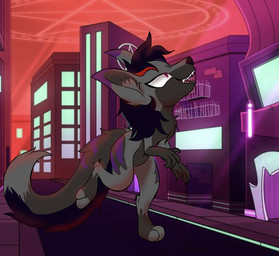 anthro hazbin_hotel_artstyle hell male neon_background solo why_so_many_tags medic_rondills hellaverse canid canine canis mammal wolf character_request hi_res shaded