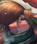 anthro blue_eyes blush brown_hair christmas_clothing christmas_headwear clothing female hair hat headgear headwear holidays holly_(plant) looking_at_viewer plant santa_hat scarf snow solo ardail christmas mocha_latte_(ardail) bovid bovine cattle mammal hi_res portrait