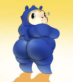 anthro backsack balls big_butt blue_body blue_fur blush blush_lines butt fat_rolls fur genitals gradient_background huge_butt looking_back male nude_anthro nude_male obese obese_anthro obese_male overweight overweight_anthro overweight_male rear_view short_tail simple_background soft_shade solo tail nutpillow atlus megami_tensei persona_(series) persona_4 sega teddie_(persona) bear mammal hi_res