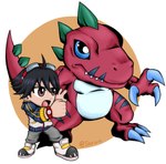 anthro black_hair blue_eyes chibi claws duo eyewear goggles hair male red_body 5oruu bandai_namco digimon digimon_survive takuma_momozuka digimon_(species) dinosaur human mammal prehistoric_species reptile scalie tyrannomon colored hi_res