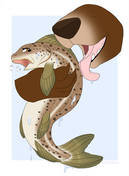 blush feral imminent_vore licking looking_back open_mouth open_smile simple_background size_difference smile tongue wet prettypinkpony tammy_(luftraptor) aquatic bear brown_trout fish mammal trout