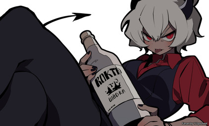 5_fingers alcohol beverage black_horn black_nails bottle bottomwear bracelet breasts clothing collared_shirt colored_nails container crossed_legs dress_shirt female fingers hair holding_bottle holding_container holding_object horn jewelry looking_at_viewer lying nails not_furry on_back pants red_eyes shirt short_hair simple_background solo spade_tail tail text tongue tongue_out topwear vest vodka white_background white_body white_hair white_skin 122pxsheol helltaker malina_(helltaker) demon demon_humanoid humanoid absurd_res artist_name hi_res signature