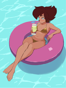 5_fingers anthro barefoot beverage bikini biped breasts brown_body brown_fur brown_hair clothing cocktail_garnish cocktail_umbrella container cup drinking drinking_glass drinking_straw ear_piercing ear_ring feet female female_anthro fingers fur glass glass_container glass_cup gold_bikini hair hoop_ear_ring humanoid_feet inflatable inner_tube mature_female medium_breasts navel piercing plantigrade ring_piercing sipping solo swimwear tan_body two-piece_swimsuit water amugea disney golden_week goof_troop peg_pete canid canine canis domestic_dog mammal hi_res