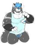 anthro barazoku bared_teeth biceps black_arms blue_clothing blue_eyebrows blue_hair blue_nipples blue_nose blue_underwear brown_eyes bulge cheek_tuft chin_tuft claws clothing eyebrows facial_hair facial_tuft fangs fur grey_body grey_fur grey_tail hair humanoid_hands legband legwear male multicolored_body multicolored_clothing multicolored_ears multicolored_fur muscular muscular_anthro muscular_male muscular_thighs mustache nipple_outline nipple_slip nipple_zipper nipples pattern_clothing pattern_legwear pecs shirt simple_background solo tail tank_top teeth teeth_showing thick_eyebrows thick_thighs thigh_highs thighband top_tank_meme topwear triceps tuft two_tone_body two_tone_ears two_tone_fur underwear white_background white_body white_ears white_fur zipper schwarzfox meme_clothing schwarzfox_(character) canid canine canis fox hybrid mammal wolf hi_res meme