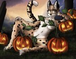 anthro breasts convenient_censorship female food fruit fur holidays jack-o'-lantern leaf looking_at_viewer markings nude obscured obscured_pussy outside plant pumpkin smile solo spots spotted_body spotted_fur white_body white_fur vizelius halloween rivka_(sausysandwich) felid feline leptailurus_(genus) mammal serval absurd_res hi_res