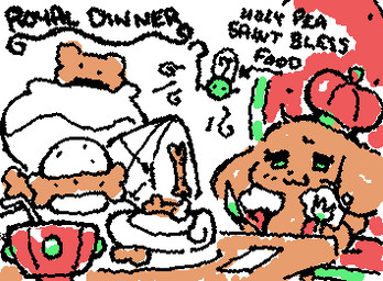 ambiguous_gender anthro black_text bowl brown_body brown_ears burger capelet chair chibi clothed clothed_ambiguous clothed_anthro clothing container crown cutlery directional_arrow dog_food dog_treat duo eyelashes floppy_ears food fork furniture ham headgear holding_fork holding_knife holding_object kitchen_utensils knife looking_at_food looking_at_object lop_ears meat monotone_body mouth_closed pet_food pork red_capelet red_clothing short_tail simple_background simple_eyes sitting sitting_at_table squigglevision table tail text tools white_background ligma_(artist) royal_(ligma) canid canine canis domestic_dog food_creature mammal 2025 animated digital_media_(artwork) english_text flat_colors low_res wigglypaint_(artwork) male_(lore)