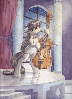 black_hair bow_(feature) bow_(stringed_instrument) bow_tie bowed_string_instrument cello cutie_mark detailed_background female feral fur grey_body grey_fur hair hooves inside long_hair musical_instrument night playing_music purple_eyes solo star string_instrument window the-wizard-of-art friendship_is_magic hasbro my_little_pony octavia_(mlp) equid equine horse mammal pony 2013 hi_res traditional_media_(artwork)