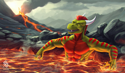 abs anthro bathing eruption eyes_closed fangs green_body green_scales hair horn lava logo male male_anthro muscular muscular_anthro muscular_male nude open_mouth pecs red_body red_hair rock scales short_hair smoke solo striped_arms teeth text white_horn cereus93 mythology da_ti_(fursona) dragon mythological_creature mythological_scalie scalie artist_logo artist_name hi_res