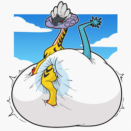 ambiguous_gender big_diaper black_body black_fur black_markings blue_tail blue_whiskers border clean_diaper cloud cloven_hooves diaper feral fur grey_body hand_on_diaper hooves huge_diaper hyper_diaper looking_back markings multicolored_body multicolored_fur purple_body purple_fur red_body red_fur sitting sitting_on_diaper sky solo spiked_tail spikes spikes_(anatomy) tail three-quarter_view touching_diaper whiskers white_body white_border white_diaper white_fur yellow_body yellow_fur nineplusten nintendo pokemon ancient_pokemon generation_9_pokemon paradox_pokemon pokemon_(species) raging_bolt 1:1 2026 full-length_portrait hi_res portrait