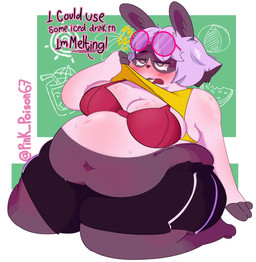 anthro belly belly_overhang big_belly big_breasts blush bodily_fluids body_blush bottomwear bra breasts buckteeth clothed clothing clothing_lift dialogue eyewear eyewear_on_head female glasses glasses_on_head green_background grey_hair hair heat_(temperature) kneeling love_handles navel obese obese_anthro obese_female open_mouth overweight overweight_anthro overweight_female pink_eyewear pink_glasses raised_clothing raised_shirt raised_topwear red_bra red_clothing red_underwear round_glasses seiza shirt shirt_lift short_hair shorts simple_background sitting solo sweat teeth text thick_thighs three-quarter_view topwear underwear white_body pink_poison67 carrie_(pink_poison67) lagomorph leporid mammal rabbit 2021 absurd_res digital_drawing_(artwork) digital_media_(artwork) english_text full-length_portrait hi_res portrait signature
