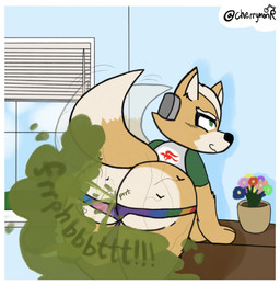 anthro balls bodily_fluids butt clothing fart fart_cloud fart_fetish flies_for_smell gassy genitals male smelly solo sweat sweaty_butt thong underwear cherrym0nr nintendo star_fox fox_mccloud arthropod fly_(animal) insect hi_res